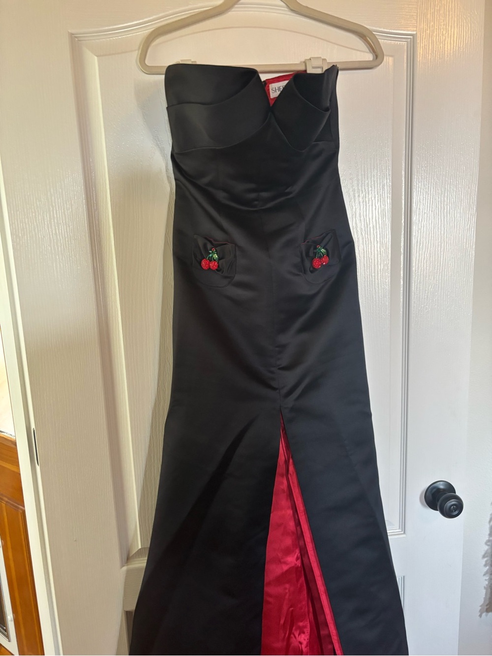 Sherri Hill Black Evening Gown with Red Lining and Cherry Embroidery